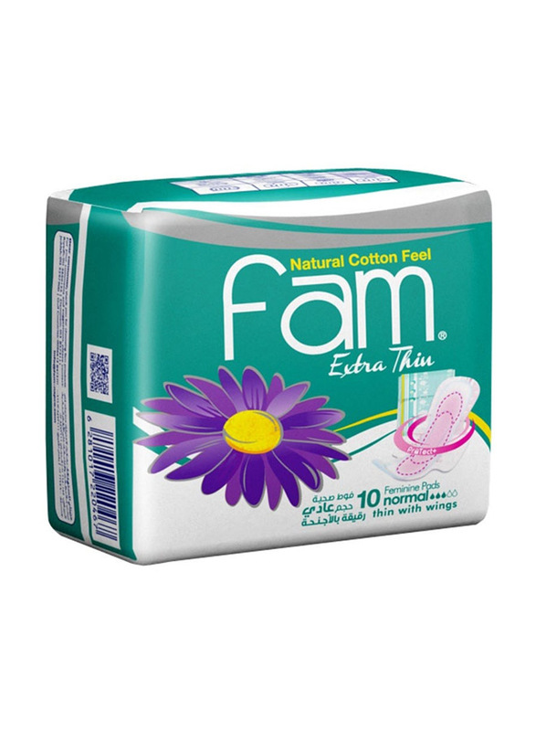 Fam Natural Cotton Feel, Extra Thin, Wings Normal Sanitary Pads, 10 Pieces