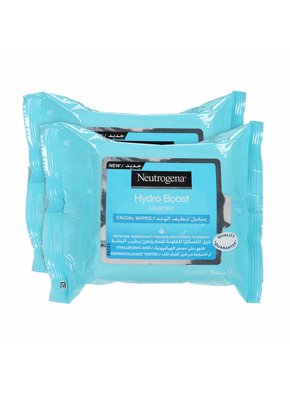 Neutrogena Boost Hydro Boost Makeup Remover Face Wipes, 2 x 25 Pieces, White
