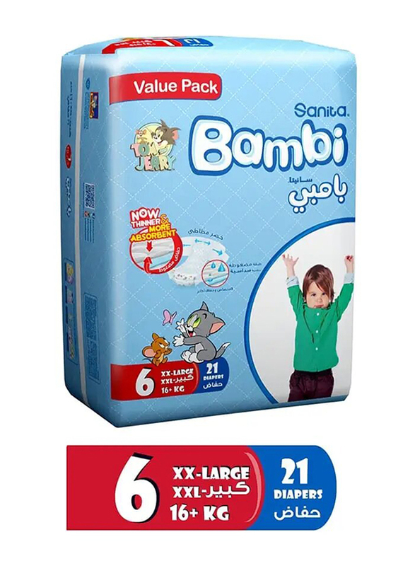 Sanita Bambi Baby Diapers Value Pack Size 6, Xx-Large, 18Kg+ - 21 Count