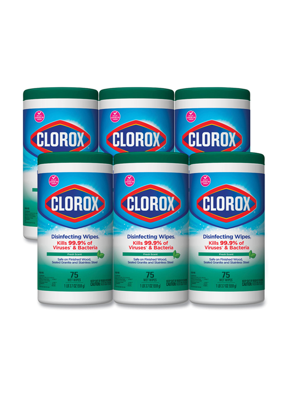 Clorox Disinfecting Fresh Scent Wet Wipes, 1-Ply, 7 x 8, 6 Canisters x 75 Pieces