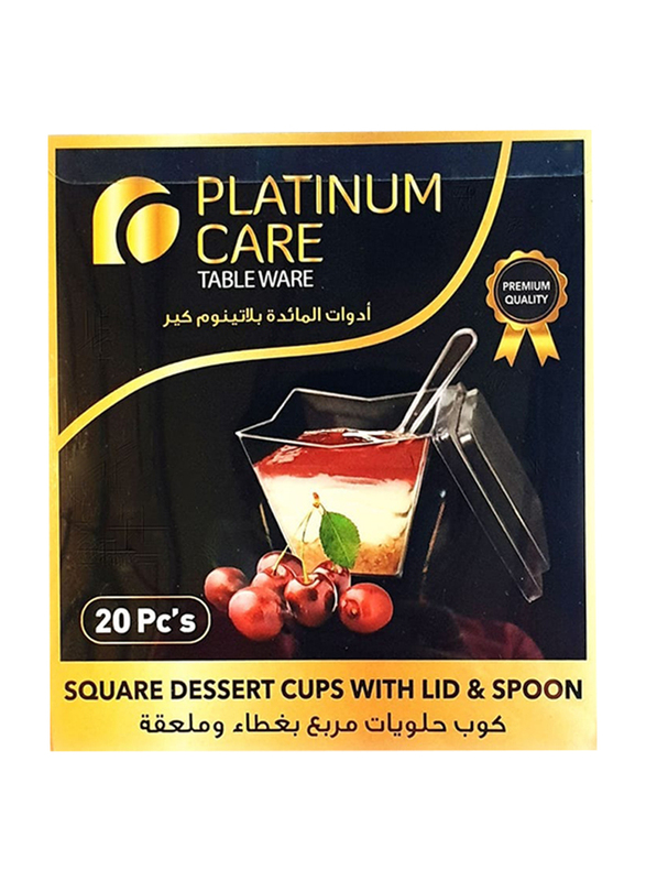 Platinum Care 20-Piece Square Desert Cups With Dome Lid & Spoon, Clear