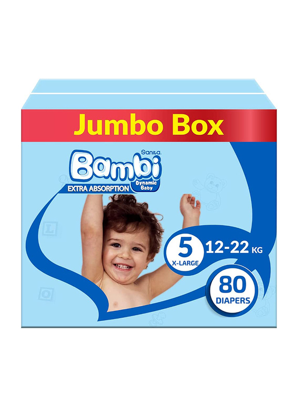 Sanita Bambi Extra Absorption Baby Diapers, Size 5, X-Large, Junior, 12-22 kg, 80 Counts