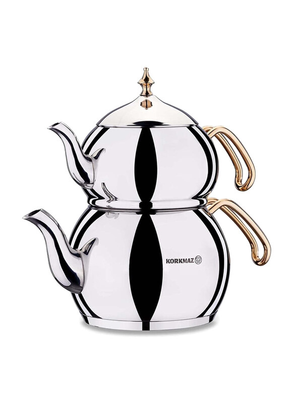 

Korkmaz 3.1L Round Stainless Steel Hanedan Tea Pot Set, 2 Pieces, Gold/Silver