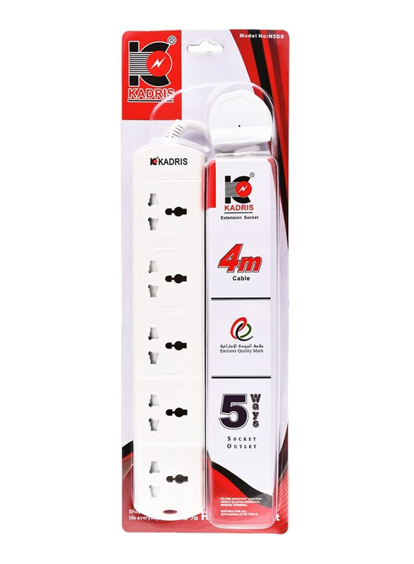 Kadris 5 Way Universal without Switch Extension Socket with 4 Meter Cable, White