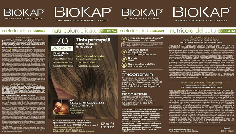 Biokap Nutricolor Delicato Permanent Rapid Hair Dye, 4.50 oz, 7.0 Natural Medium Blonde