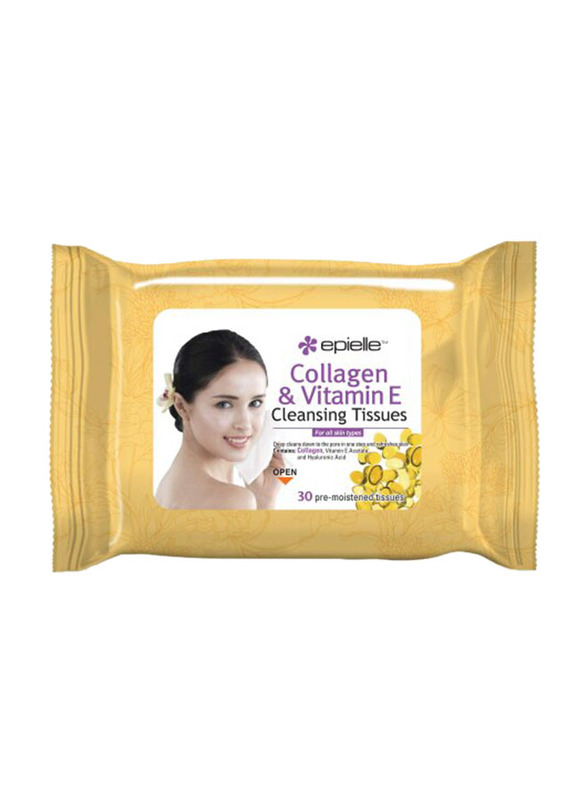 Epielle Collagen & Vitamin E Cleansing Tissues, 30 Pieces, Yellow
