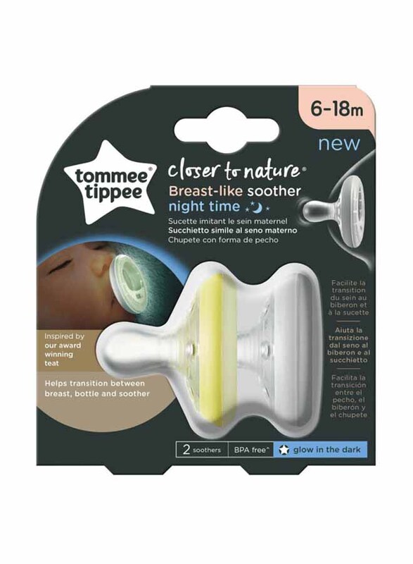 Tommee Tippee Night Time Breast Like Soother, 2 Pieces, 6-18 Months, Clear/Yellow