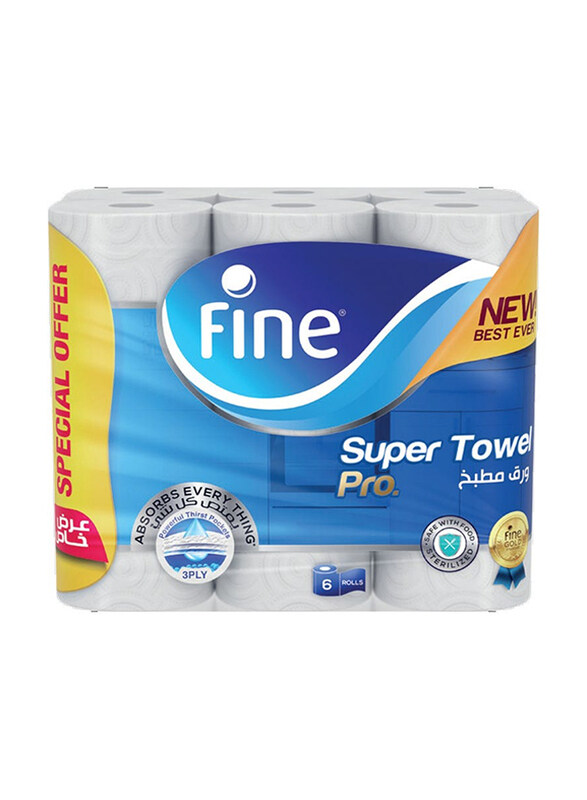 

Fine Super Towel Pro, Highly Absorbent, Sterilized & Half Perforated Kitchen Paper Towel, 6 x 3 Plies