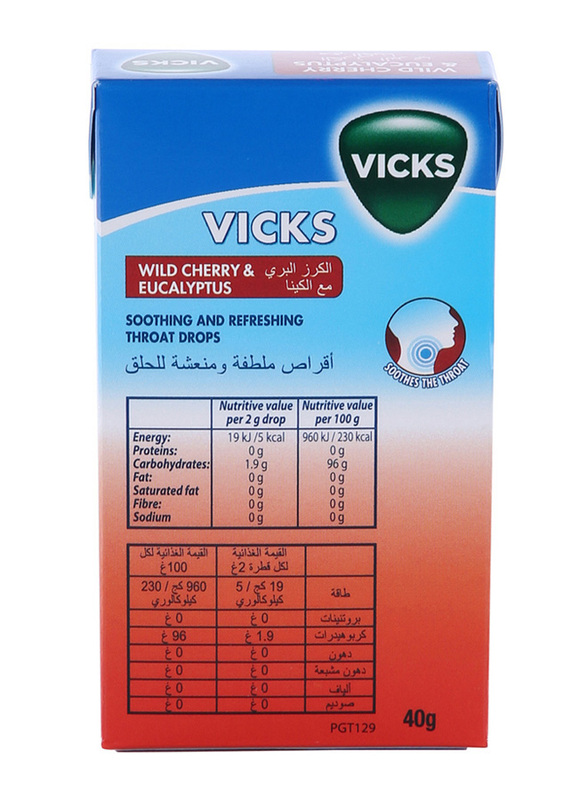 Vicks Wild Cherry & Eucalyptus Soothing & Refreshing Throat Drops, 40g