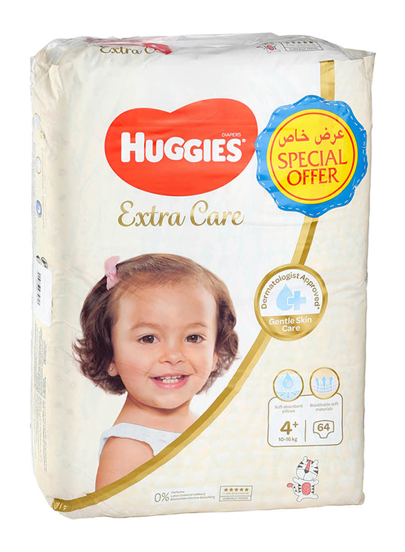 Huggies Extra Care Diapers, Size 4 Plus, 10-16 kg, Jumbo Pack, 64 Count
