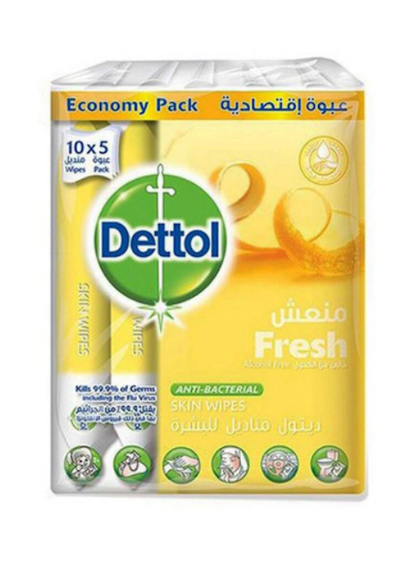 Dettol Anti Bacterial Fresh Skin Wipes, 5 x 10 Pieces