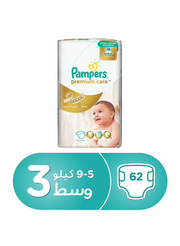 Pampers Premium Care Diapers, Size 3, Medium, 5-9 kg, Value Pack, 62 Count