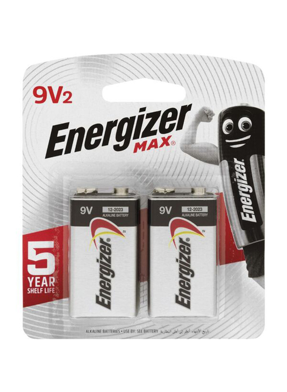 Energizer Max 1.5V Alkaline Battery, 9V 522 BP2 9V, 2 Pieces, Sliver/Black