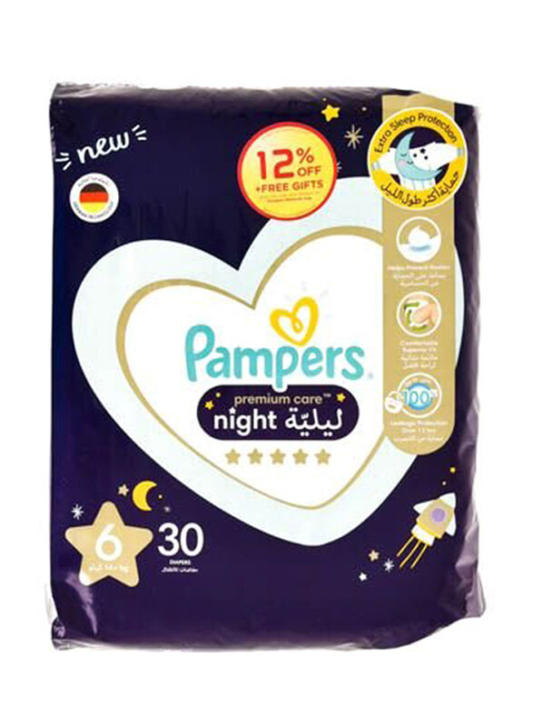 

Pampers Premium Care Night Diapers, Size 6, 14+ Kg, 30 Count