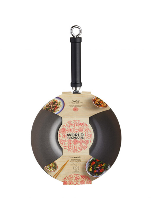 

Kitchencraft 26.5cm Carbon Steel World of Flavours Round Non-stick Wok, Black