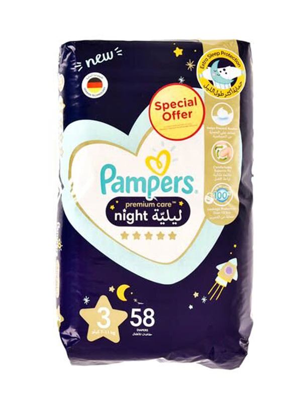 Pampers Premium Care Night Diapers, Size 3, 7-11 Kg, 58 Count