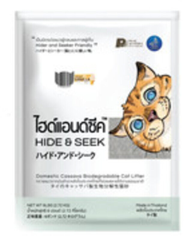 

Hide & Seek CASSAVA CAT LITTER. Biodegradable and Flushable. Creamy Vanilla fragance (6 Lb - 2.72 Kg). Made in Thailand