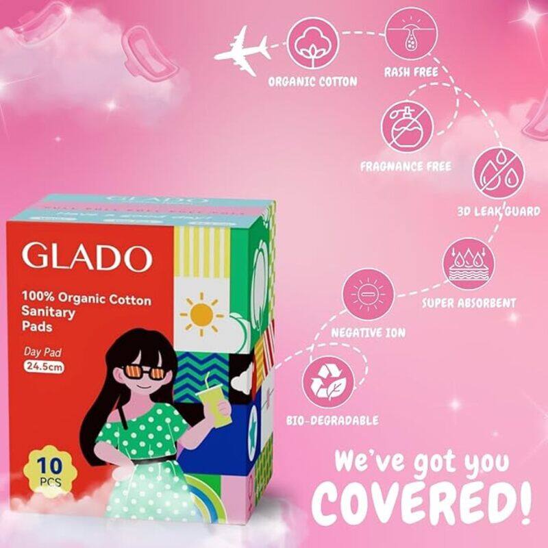 

Glado 100% Organic Cotton Sanitary Napkins for School Girls & Teens, 10 Pcs (24.5cm) , Day Protection, Negative Ion, 3D Leak Guard, Normal Flow, Chlor