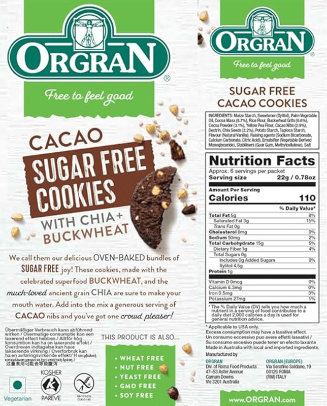 

Azeezia Organic World ORGANIC GLUTEN FREE CACAO SUGAR FREE COOKIES 130 g e 4.5 oz