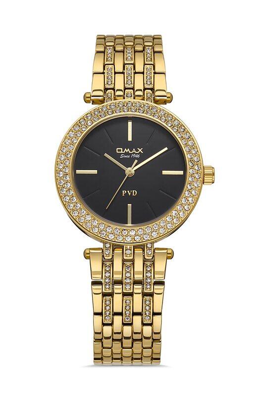 

Omax Original Watches for Women Gold Stainless Steel Strap 36mm Black Round Shape Analog Wrist Watch 100% Waterproof Formal Business Casual Wear Gifts