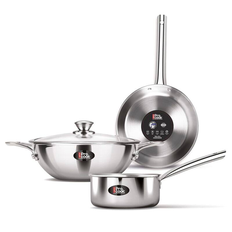 

Milton Procook Triply Stainless Steel 4 Pc Cookware Set, Tea Pan 16cm, Fry Pan 22cm, Wok/Kadai with Glass Lid 24cm, Even and Fast Heating, Induction &