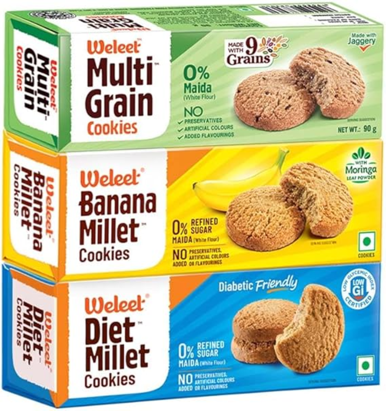 

Weleet Assorted Pack of Sweet Potato Millet, Ragi & Banana Cookies, Home/Office Snack Free of White Sugar & White Flour 100% Natural & Healthy (Pac