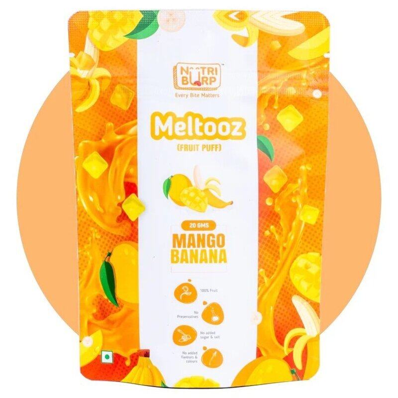 

Nutriburp Meltooz Mango & Banana Fruit Puffs 20 grams Vegan Gluten Free