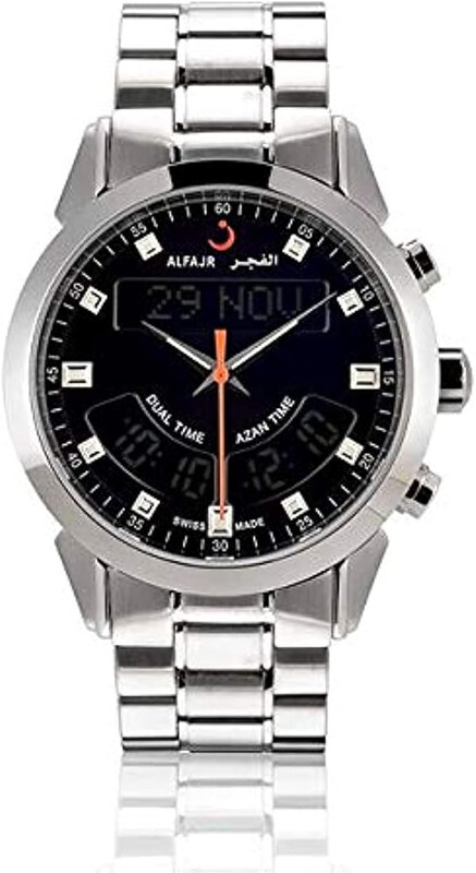 

Al Fajr Analog + Digital Deluxe Watch for Men with Stainless Steel Band, Water Resistant, WA-10S, Silver-Black