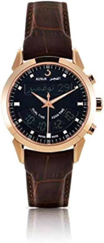 

Al Fajr Analog + Digital Swiss Watch for Men with Leather Band, Water Resistant, WA-10B, Brown-Black