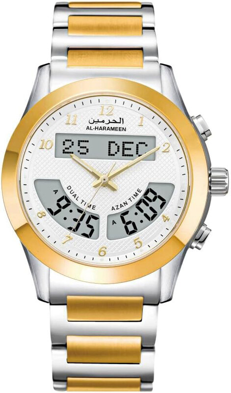 

Al-Harameen Analog + Digital Islamic Azan Mosque Muslim Prayer Wrist Watch for Men with Stainless Steel Band, Water Resistant, HA-6100SGW, Silver-Whit