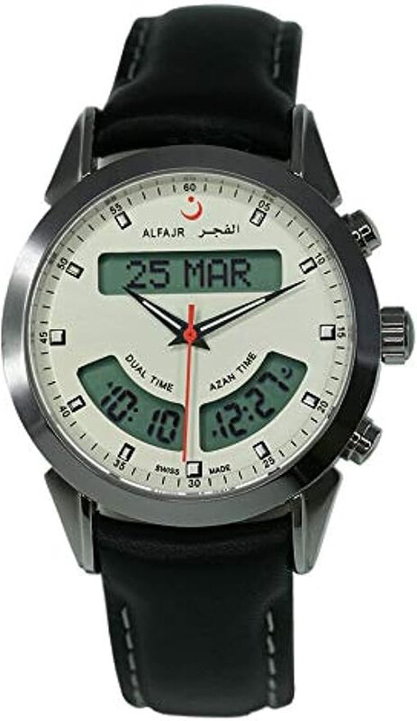 

Al Fajr Analog + Digital Watch for Men with Leather Band, Water Resistant, 2724645694520, Black-Silver