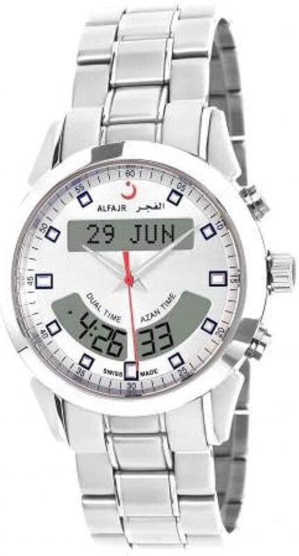 

Al Fajr Analog + Digital Swiss Deluxe Watch for Men with Stainless Steel Band, Water Resistant, WA-10S, Silver-White