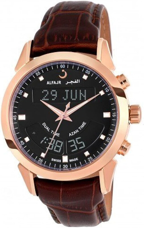 

Al Fajr Analog + Digital Swiss Made Watch for Men with Leather Band, Water Resistant, WA-10B, Brown-Black