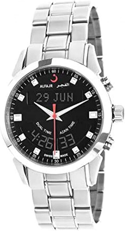 

Al Fajr Analog + Digital Swiss Deluxe Watch for Men with Stainless Steel Band, Water Resistant, WA-10S, Silver-Black