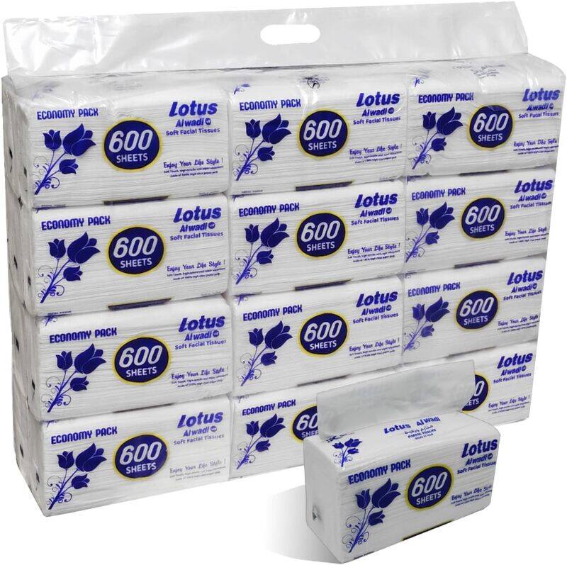

Al Wadi 600 Sheets, 24 Facial Tissue Bundle Boxes in 1 Pack, 600 x 1 ply - Lotus Alwadi for All Areas in Your Home (14,400 Total Tissues)