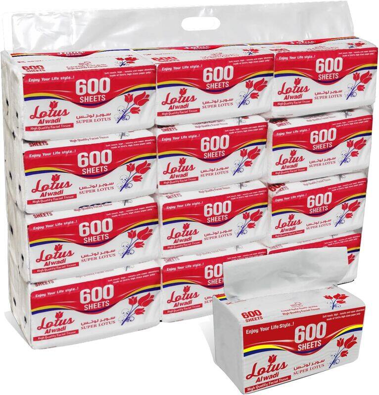

Al Wadi 600 Sheets - Super Lotus 24 Facial Tissue Bundle 14400 Count (24 Packs of 600) - LOTUS ALWADI, for All Areas in Your Home