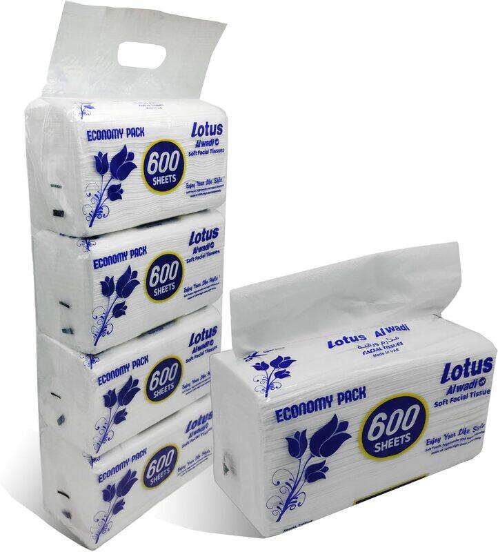 

Lotus Al Wadi Facial tissue 600 Sheets(Many), 1 ply per Bundle - 4 bundles (2400 tissues in 1 pack)