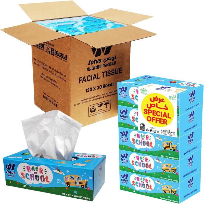 

Al Wadi Lotus Alwadi Back to School Facial Tissue 130 Sheet, 2ply, 30 Boxes/Carton, 3900 Tissues Total - All Classroom types, Home, Study room & meeting rooms