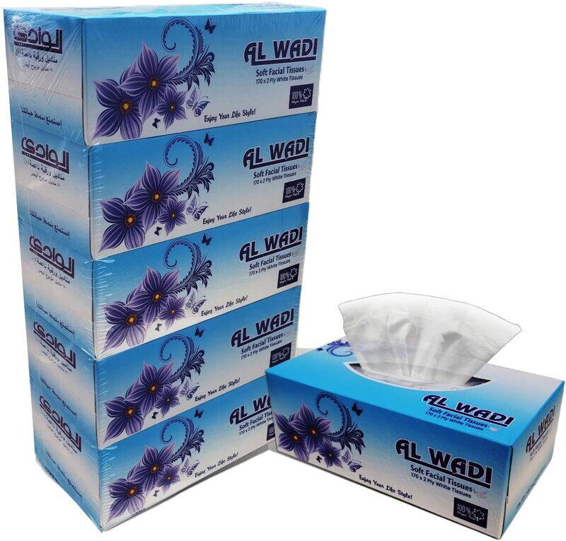 

Al Wadi Soft Facial Tissue 5 Boxes/Packs,170 Sheets 2 Ply, 850 Tissues Total Perfect for Cars, Traveling, Kitchen, School & Bathroom