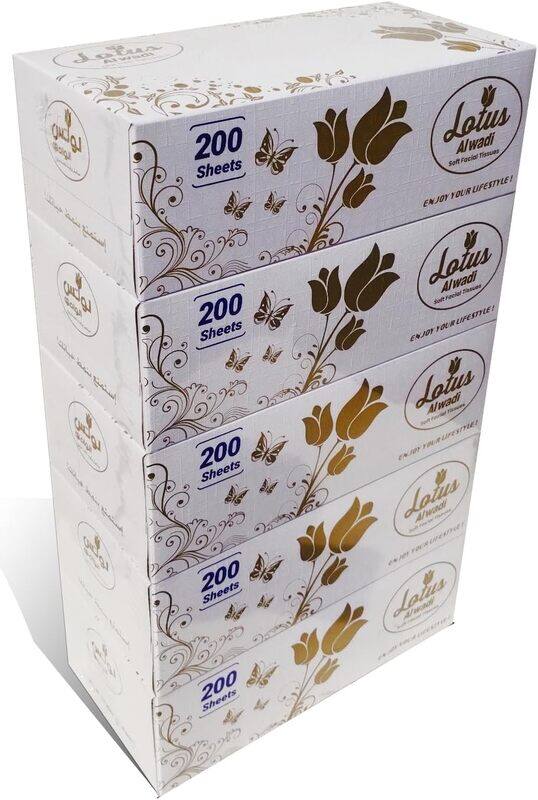 

Al Wadi 200 Sheet Soft Facial Tissues 2 Ply Bundle, Pack of 5 (1000 Facial Tissues Total) Family Pack - Lotus Alwadi