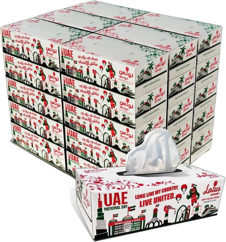 

Al Wadi Lotus Alwadi 30 Pcs Tissue Boxes with 2-ply 130 Sheet (3900 Tissue Total) National Day Design