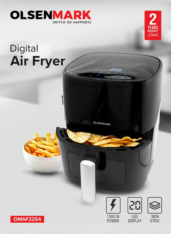 

Olsenmark 6L Non-Stick Frying Pot and Tray, LED Display, Touch Screen, 8 Preset Cook Modes Digital Air Fryer, 1500W, OMAF2254J, Black/White