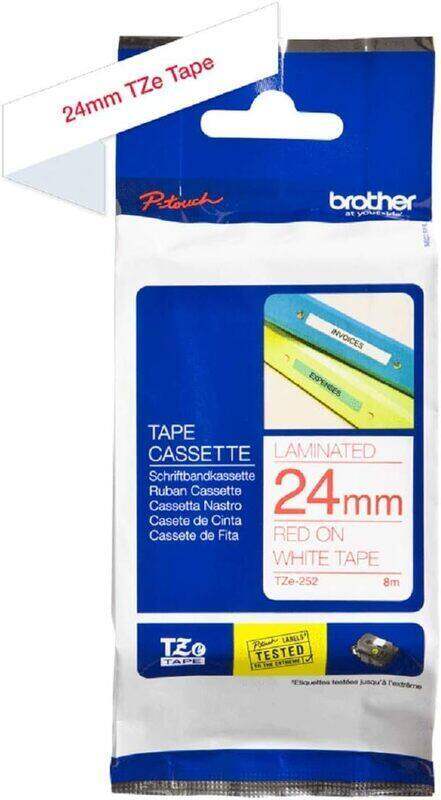 

Brother Tze-252 Red on White 24mm Laminated Tape