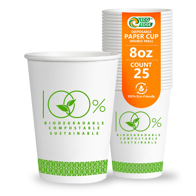

EcoEdge 8 Oz Disposable Double Wall Heavy-Duty Paper Cups (Pack of 25) Light Weight, White Printed, Eco-Friendly, Elegant, Leakproof, Chemical Free, I