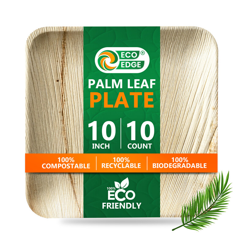 

EcoEdge 10 Inch Square Areca Palm Leaf Plates (Pack of 10) Natural Texture, Renewable Resource, Planet Friendly BPA Free, Spill Proof, Multipurpose, M