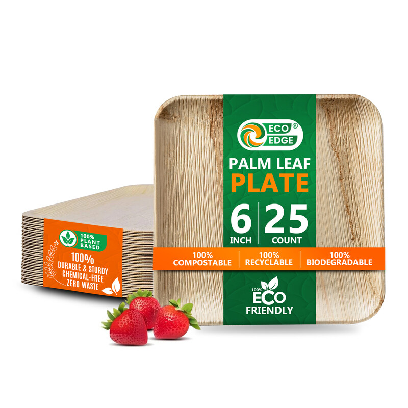 

EcoEdge 6 Inch Square Areca Palm Leaf Plates (Pack of 25) Plant Based, Organic Biodegradable and Eco-Friendly Bamboo like Wood Finish Sturdy Disposabl