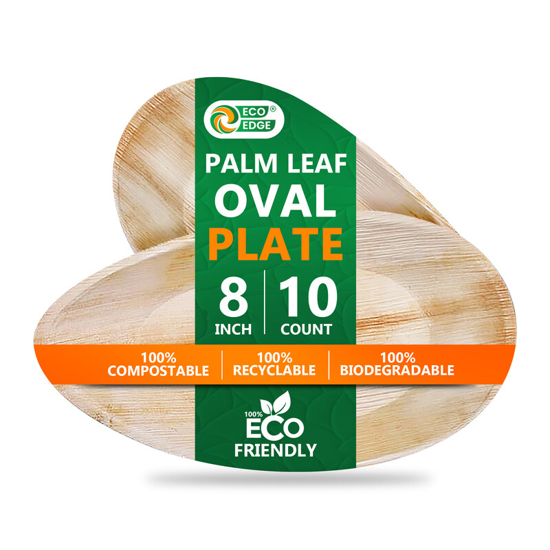 

EcoEdge 8 Inch Oval Areca Palm Leaf Plates (Pack of 10) Chemical Free, Natural, Eco Friendly, Organic, Biodegradable, Compostable, Bamboo Wood Finish,