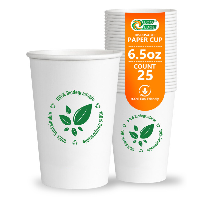 

EcoEdge 6.5 Oz Disposable Heavy-Duty Party Paper Cups (Pack of 25) For Tea, Coffee or Iced Beverages, Leakproof, Eco-Friendly, Sustainable, Sturdy, El