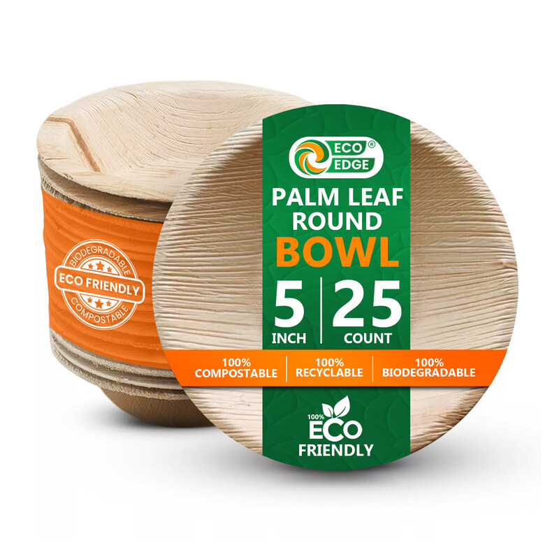 

EcoEdge 5 Inch Round Areca Palm Leaf Bowl (Pack of 25) Zero Waste, Biodegradable, Recyclable, Sustainable Heavy Duty, Robust, Elegant and Stylish Le