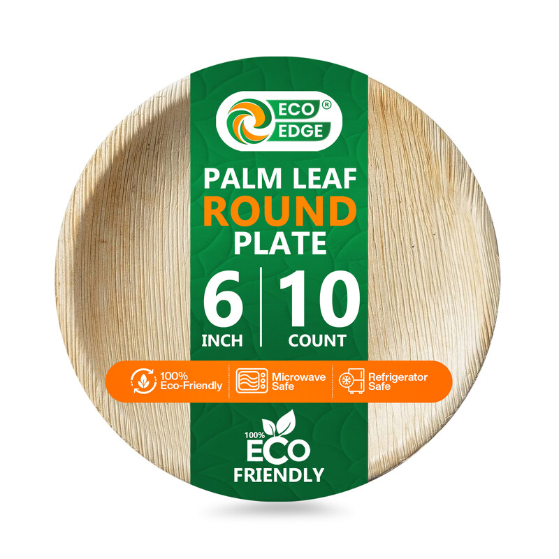 

EcoEdge 6-Inch Round Areca Palm Leaf Plates (Pack of 10) Non-Toxic, Tree-Free, Eco Friendly, Biodegradable, Compostable Bamboo Wood Finish, Elegantly